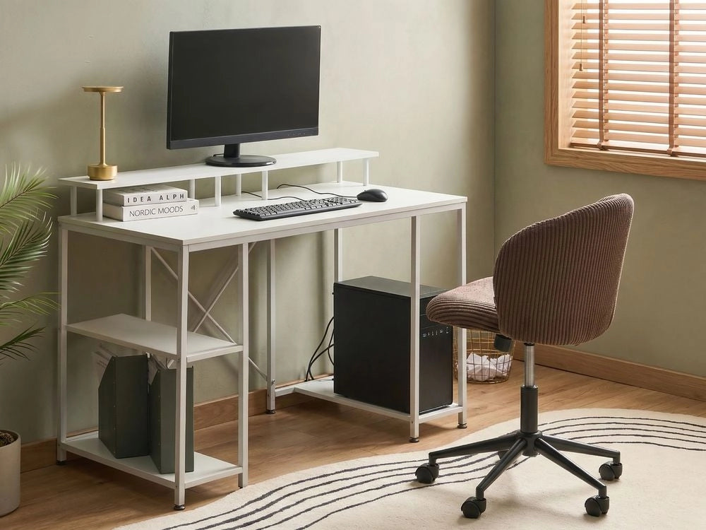 Scrivania con piano in MDF bianco, gambe e struttura in ferro verniciato a polvere, 3 ripiani per aggiungere spazio di archiviazione, moderna