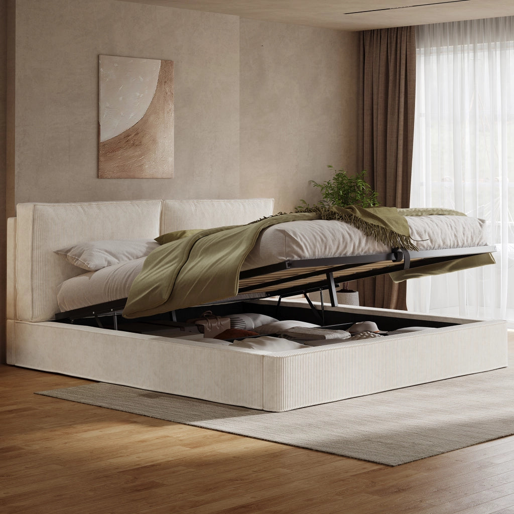 Letti contenitori 180x200 cm con contenitore e testiera imbottita; velluto a coste beige (Senza materasso)