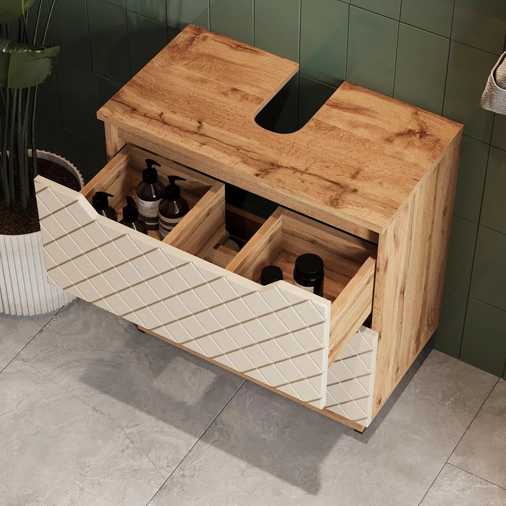Set di mobili da bagno Lotta, Rovere/grigio con struttura in piastrelle, 2 parti