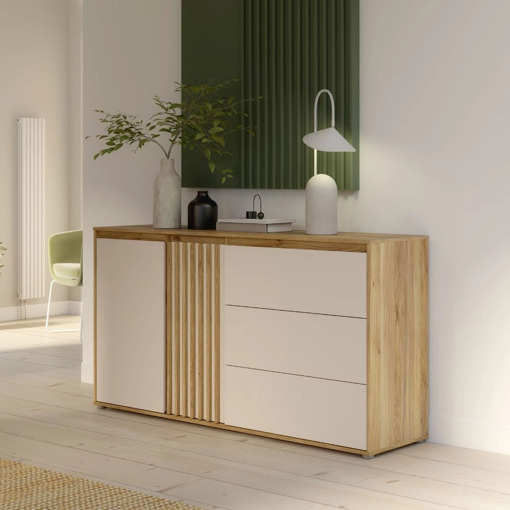 Madia Neutra Rovere e Cashmere con 3 Cassetti e Anta Cannettata
