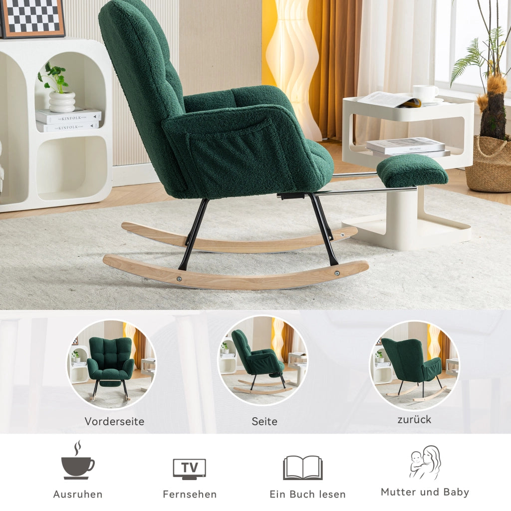 OKWISH Sedia a Dondolo con Poggiapiedi Pieghevole, Schienale Alto Ergonomico e Braccioli Imbottiti, Teddy Verde