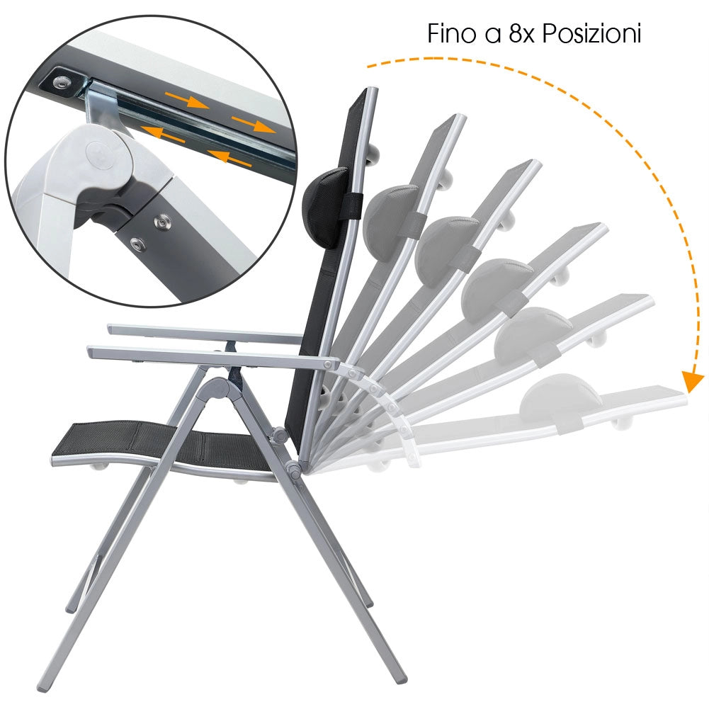 Set 2 Sedie da Giardino Alluminio Schienale Alto Imbottite Pieghevoli Nere