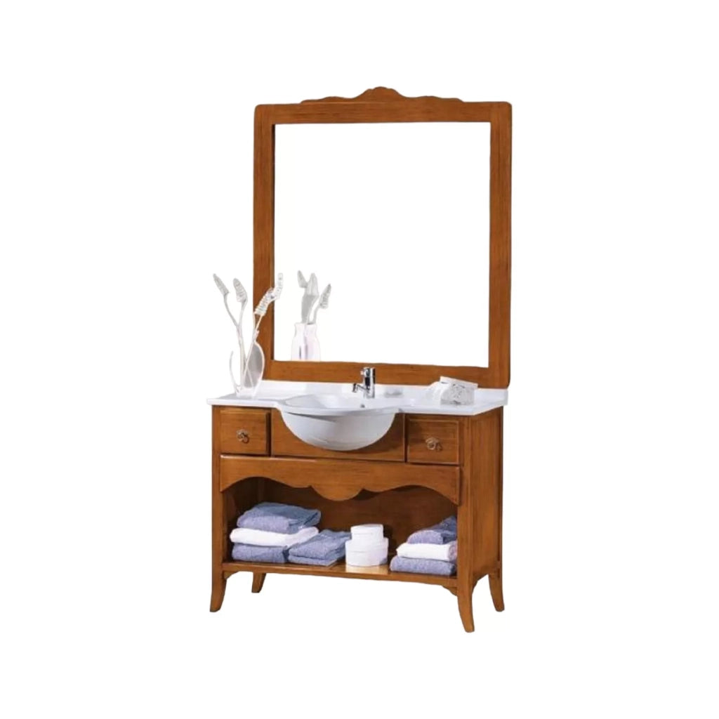 Mobile bagno 108 cm in legno lavabo 2 cassetti e specchio