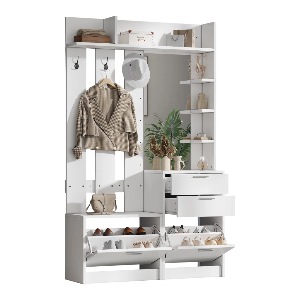Mobile ingresso con scarpiera e specchio 110x34x185 cm in MDF bianco con appendiabiti e cassetti per corridoio