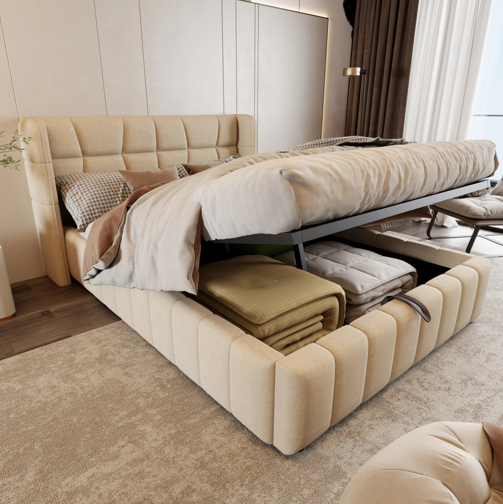 Letto imbottito contenitore 140x200 cm beige con sollevamento
