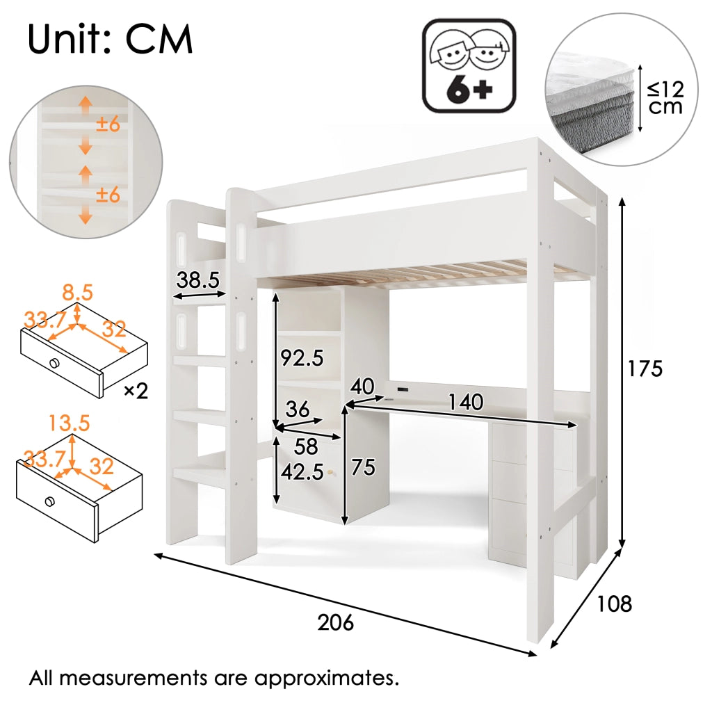 LETTO A CASTELLO 90x200 cm con scrivania USB/Type-C, armadi e scala, bianco