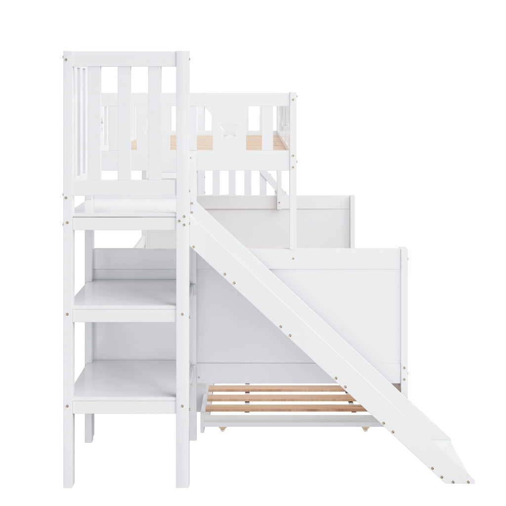 DESMIU Lit a castello per bambini 90 × 200 cm e 140 × 200 cm con scivolo, scala, vano contenitore e letto estraibile, senza materasso, bianco