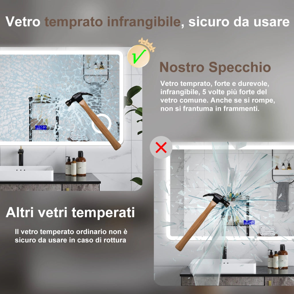 AICA Specchio da bagno  140 x 80 cm,  dimmerabile, Blue tooth,  Funzione Memoria, antiappannamento, 3 colori, Magnificatore,  orologio
