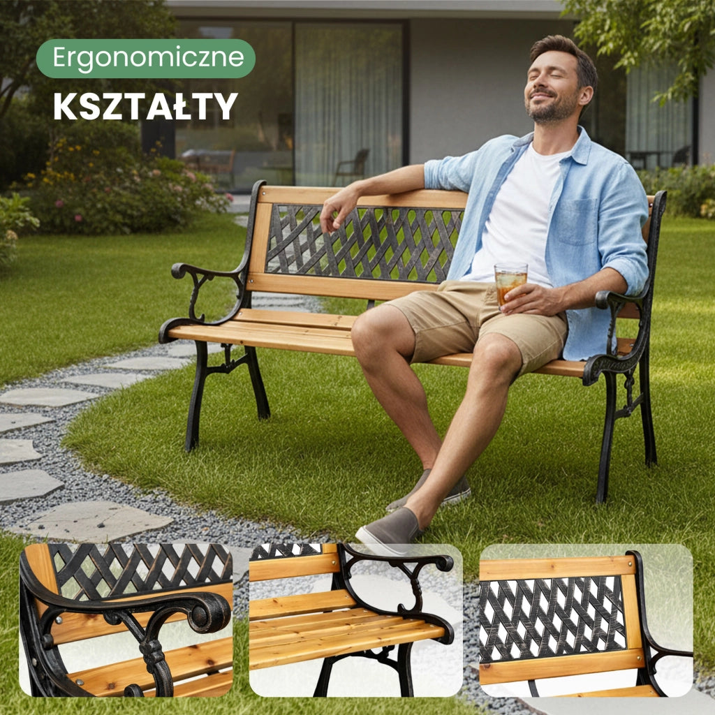 Panchina da giardino nera MIRT con legno laccato e gambe in ghisa larghezza 127 cm