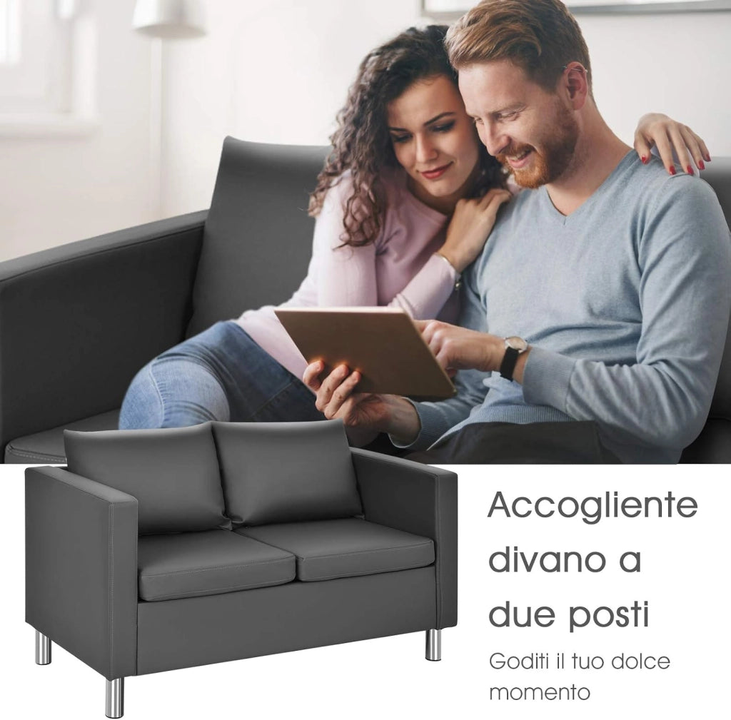 Divano a 2 Posti, Divano Moderno con Cuscino Morbido, Gambe in Legno di Gomma, In Similpelle PU, Carico 240 kg, 120x60x62,5 cm