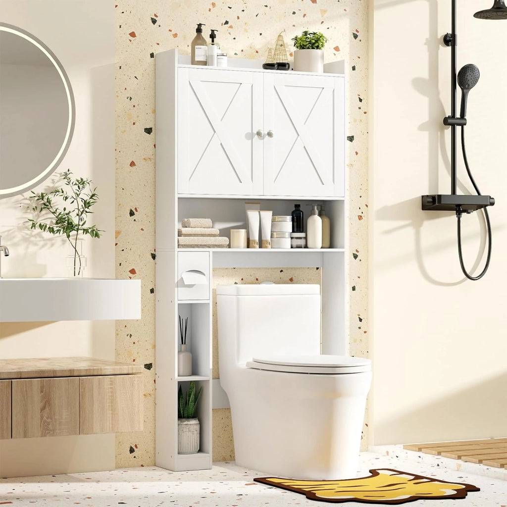 Mobile Sopra Lavatrice da Bagno, Armadietto su WC con Doppie Ante, Porta Carta Igienica e Ripiano Regolabile, Mobile Salvaspazio in Legno per Lavanderia, 81,5 x 19,5 x 172,5 cm (Bianco)