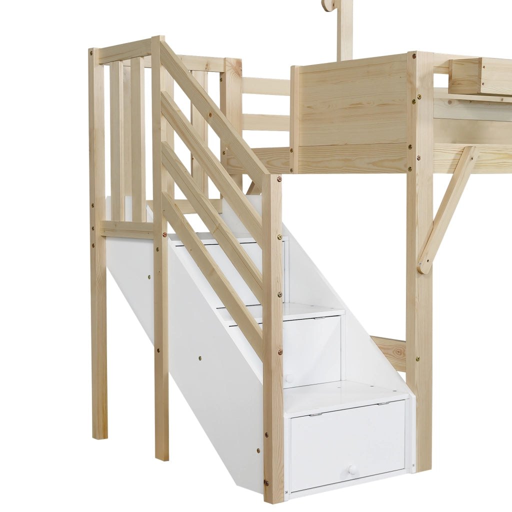 DESMIU Letto a castello 1 posto con barriera, lavagna e 3 vani nella scala, 90 × 200 cm, senza materasso