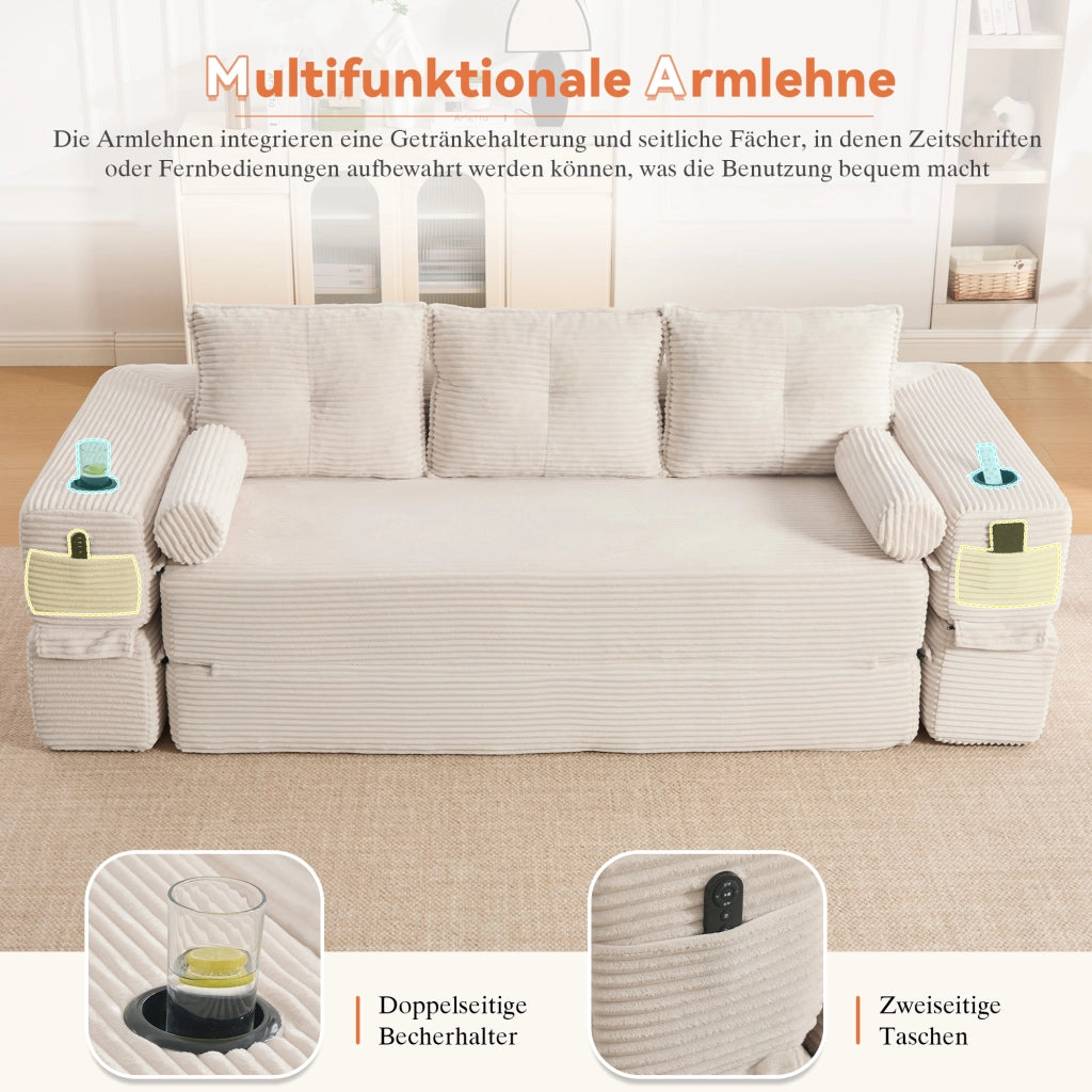 Divano letto modulare in corda con tasche laterali, portabicchieri e cuscini memory per soggiorno, beige