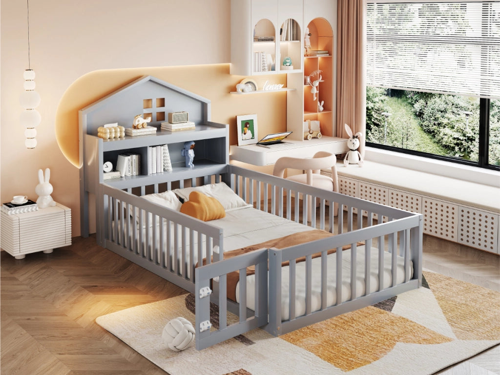 Letto a forma di casa grigio in legno massello con funzione contenitore e rete a doghe 90x200 cm