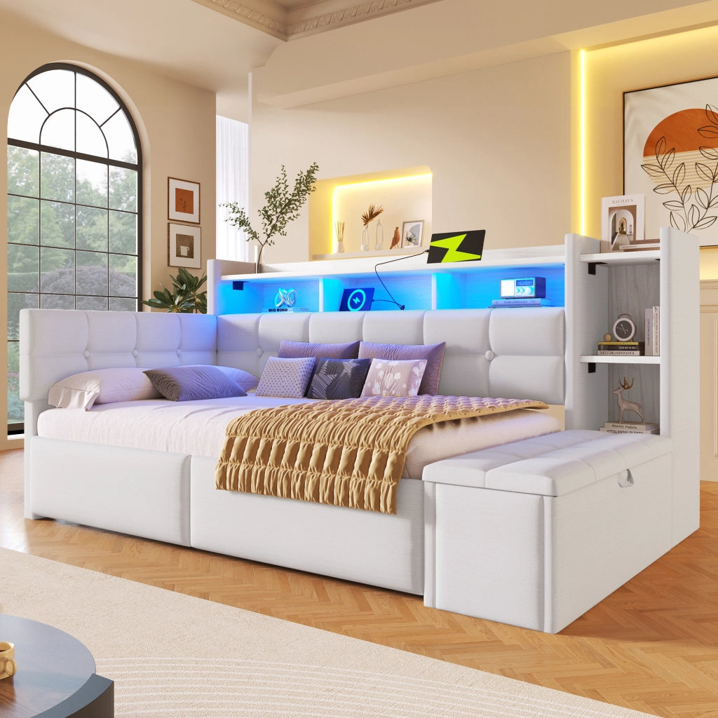 OKWISH Letto Divano 90×190 cm, Letto Singolo con 2 Cassetti, USB, Type-C, Mensola e LED Regolabile, senza Materasso, in Velluto, Bianco