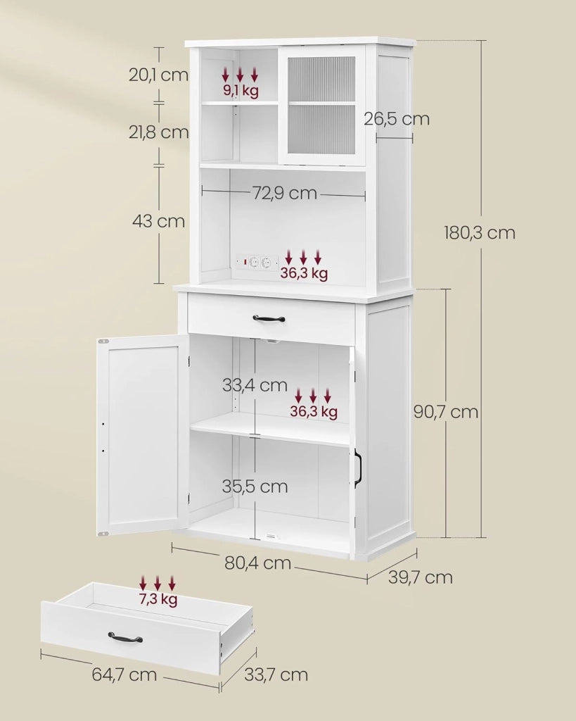 VASAGLE Credenza Cucina con Luce e Multipresa, Mobile Dispensa Cucina con Ante e Cassetto, 39,5 x 80,4 x 180,6 cm, con Ripiani Regolabili, Stile Farmhouse, Bianco Nuvola BBK363W21