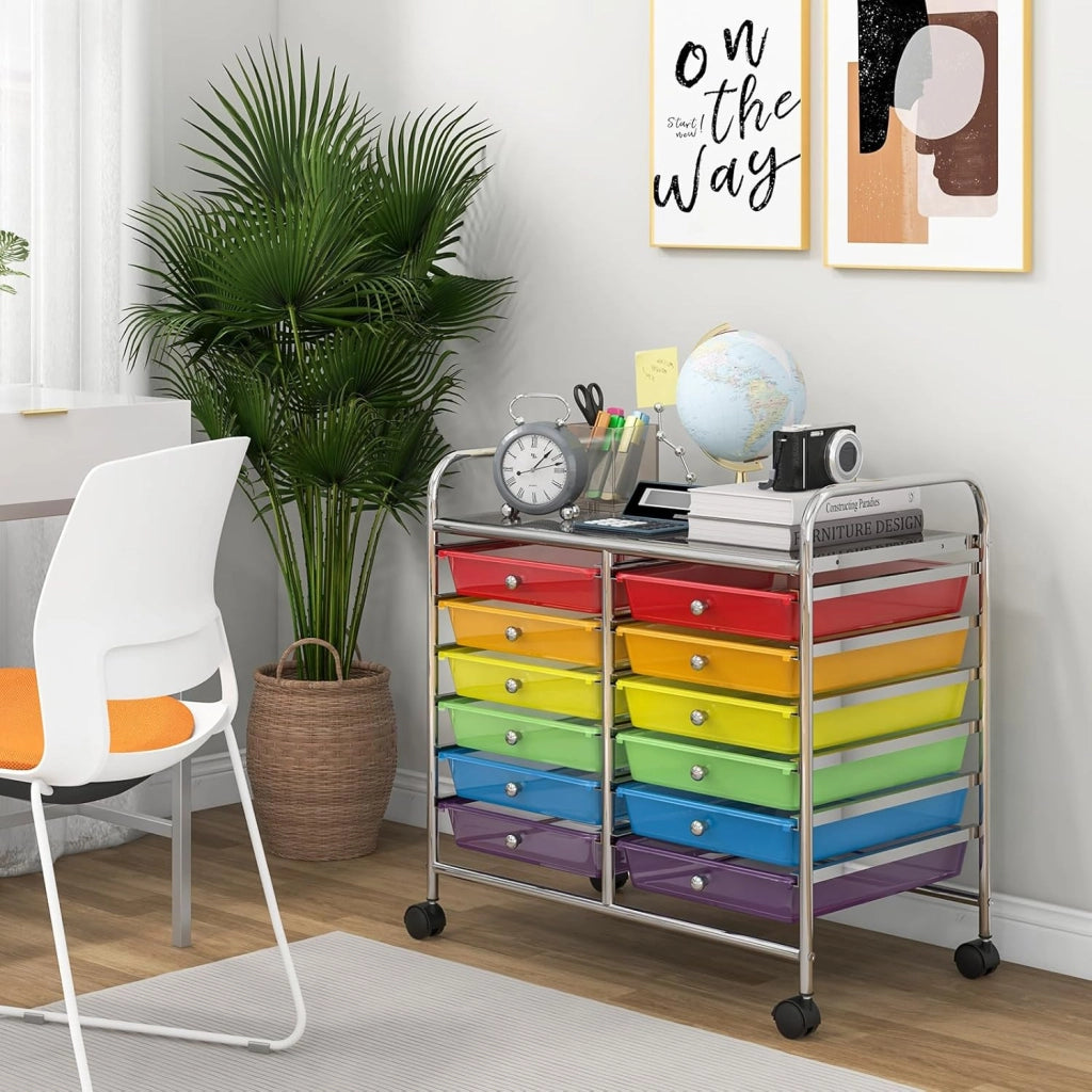 Carrello con 12 cassetti impilabili, carrello per cassetti con ruote e piano di lavoro, carrello per soggiorno, cucina, camera da letto e uffici, 64 x 38 x 62 cm (trasparente colorato)
