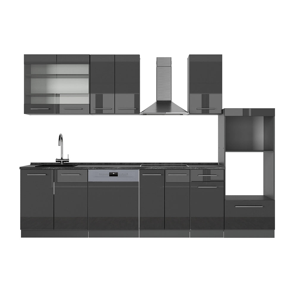 Vicco Cucina componibile Antracite lucido 300 cm con armadio alto, senza piano di lavoro