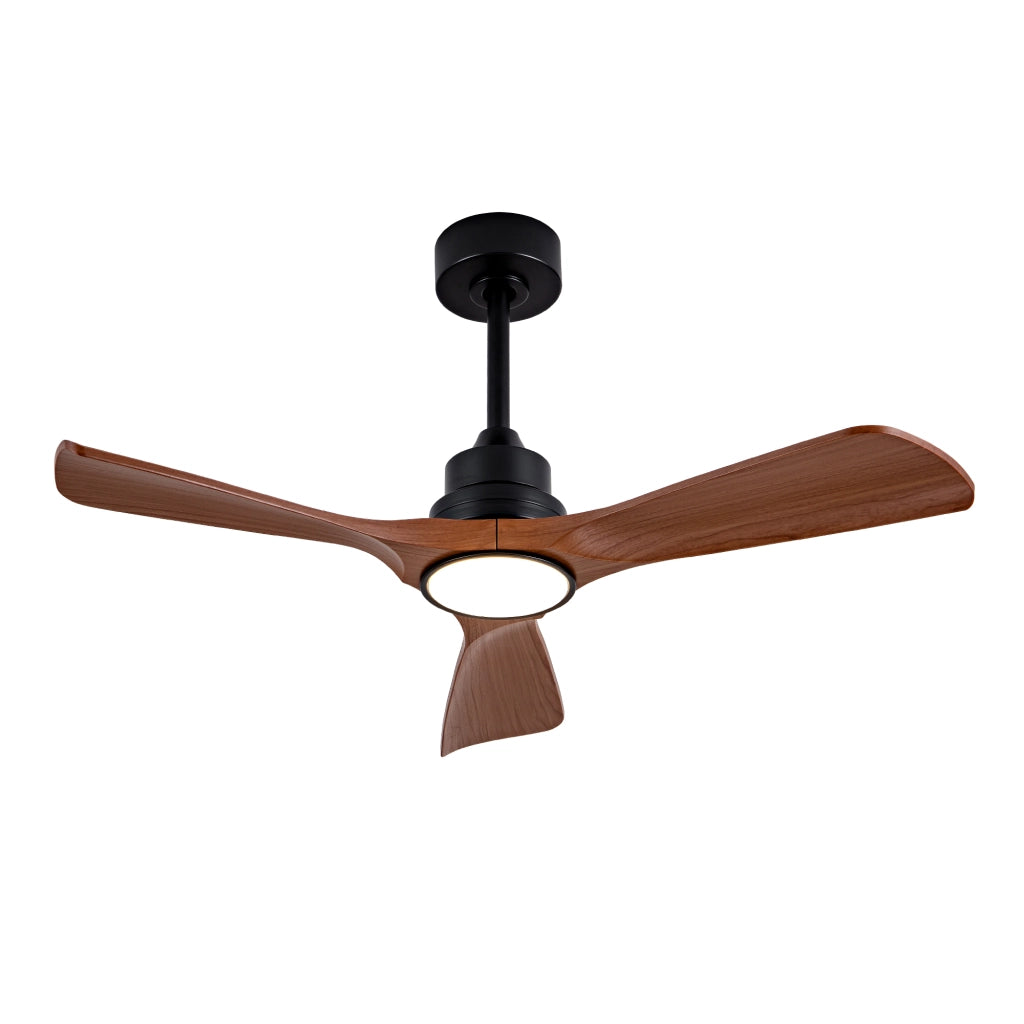 Ventilatore da soffitto con luce LED; motore DC reversibile; nero e noce scuro