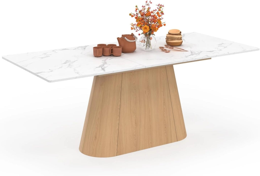 Tavolo da pranzo allungabile rettangolare Rhonda 6-10 Persone piano marmo bianco Alaska e legno in legno faggio 160-200 cm