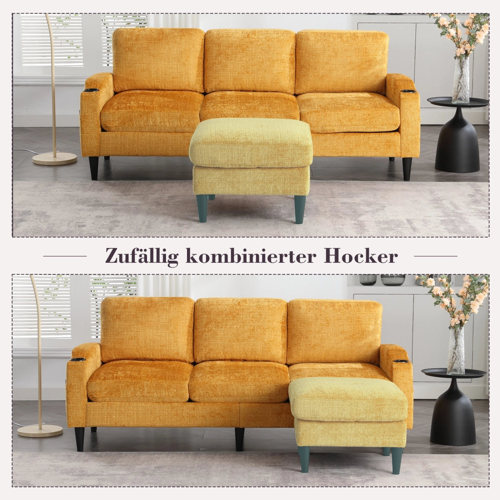 Divano a 4 Posti con Pouf Contenitore; Portabicchieri e Tasche Laterali; in Ciniglia Gialla; 196;5 x 75 x 77 cm