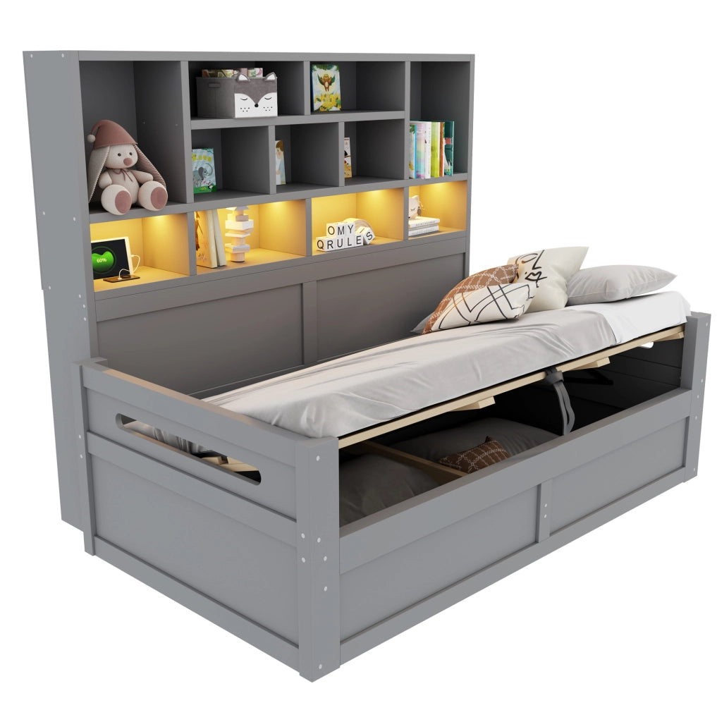 Letto multifunzione 90x200 cm con contenitore idraulico; LED e prese; grigio