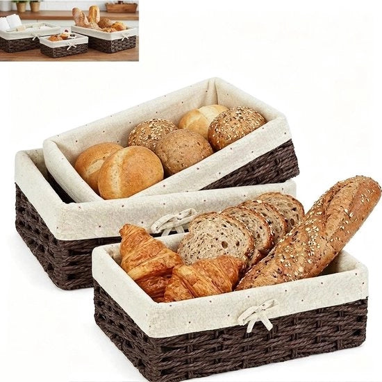 Set Decorativo di 3 Boccali di Rete di Seta con Fodera di Cotone, Ideale per Pane, Desserti e Ripostigli in Cucina o Salotto, Marrone
