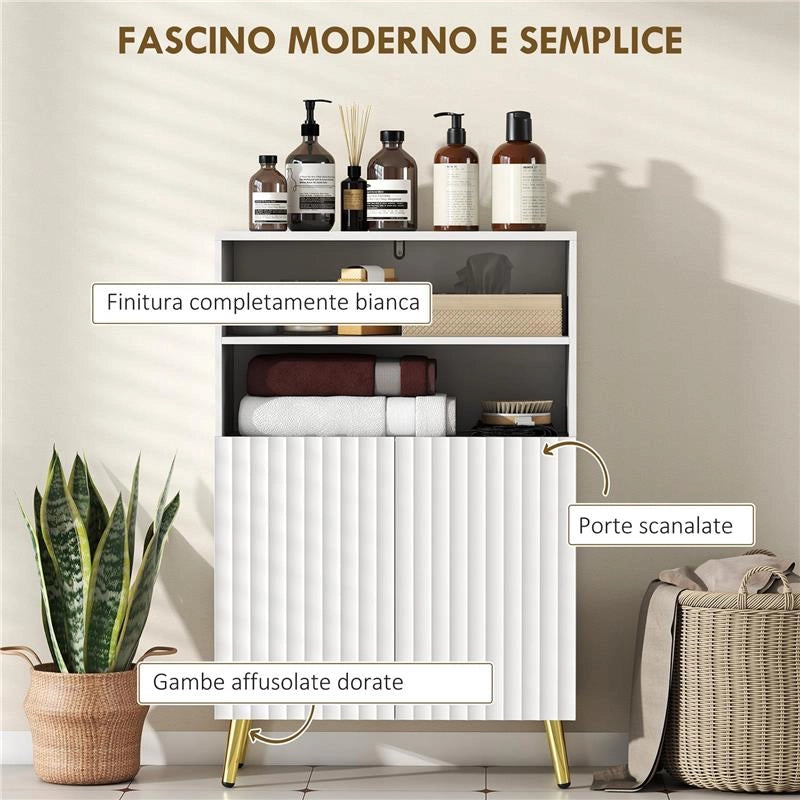 MOBILETTO BAGNO MODERNO CON 2 RIPIANI APERTI E ARMADIETTO CON ANTE AMMORTIZZATE, 60X31.8X93 CM, BIANCO