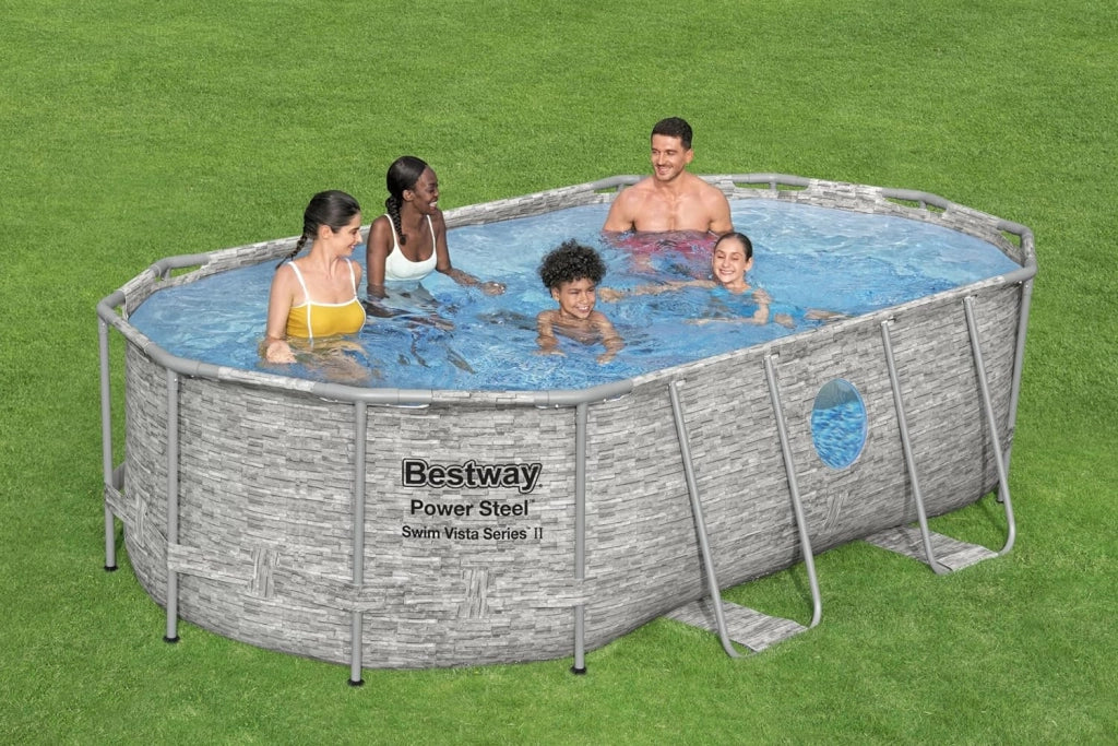Bestway 56714 piscina fuori terra ovale effetto pietra power steel swim vista  con oblò 427x250x100 cm