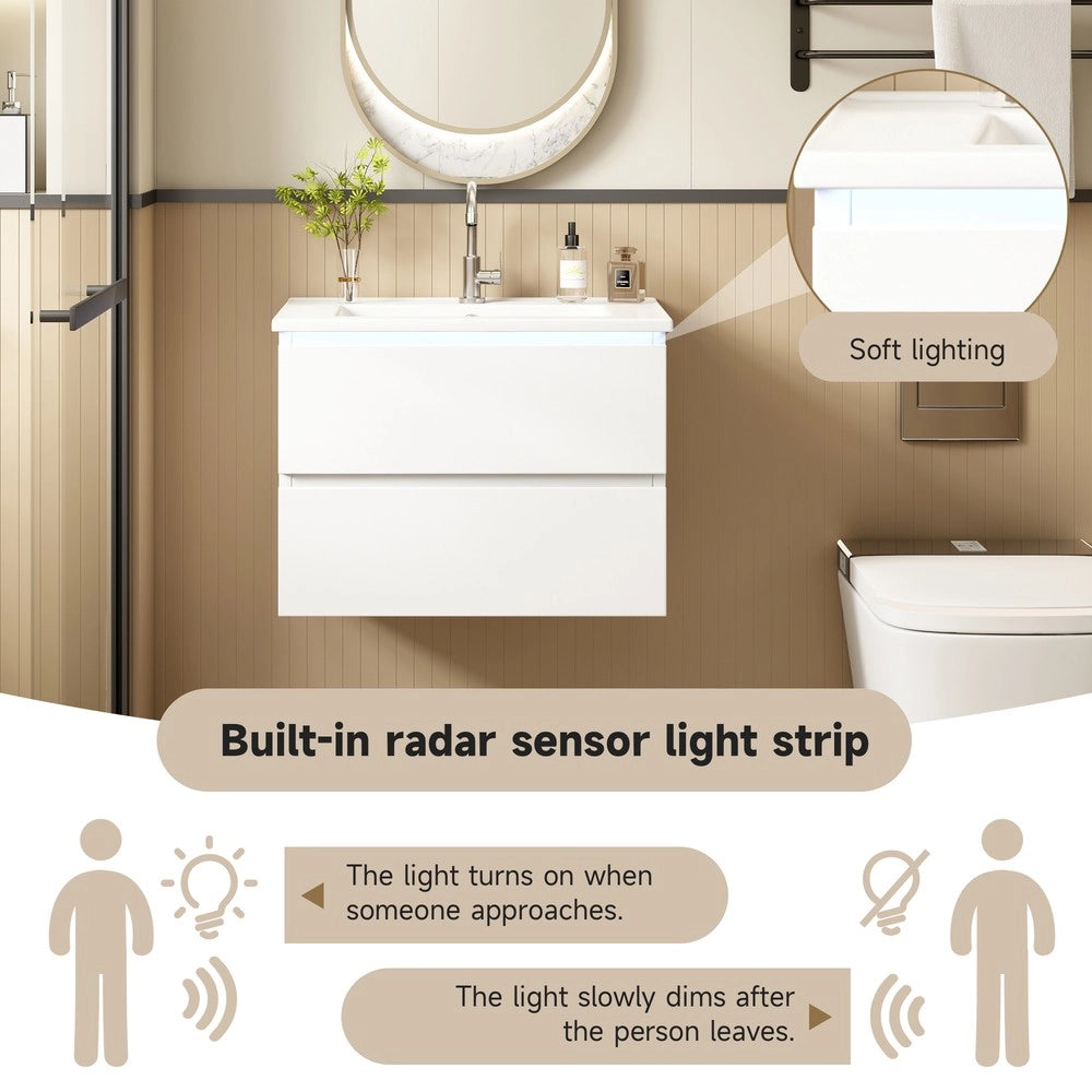 Mobile Bagno Sospeso con Lavabo Integrato e LED ¨C Xylo ¨C Bianco, 2 Cassetti, 61x46x45 cm