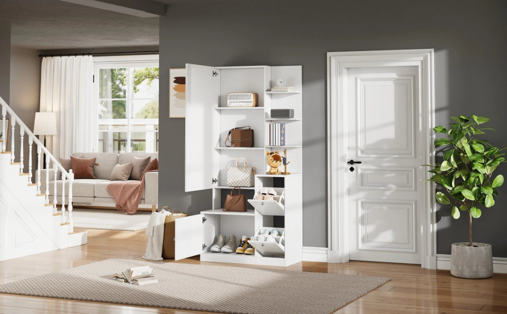 Mobile ingresso 85x40x180 cm con specchio; 2 ante; 5 ripiani e scarpiera; bianco