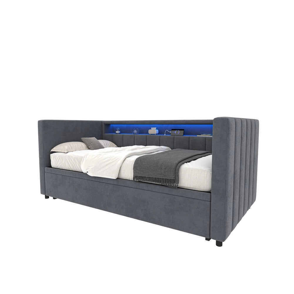 Divano Letto Multifunzione ¨C MINIMAL ¨C Velluto Grigio, LED, USB, Contenitore, 90x190