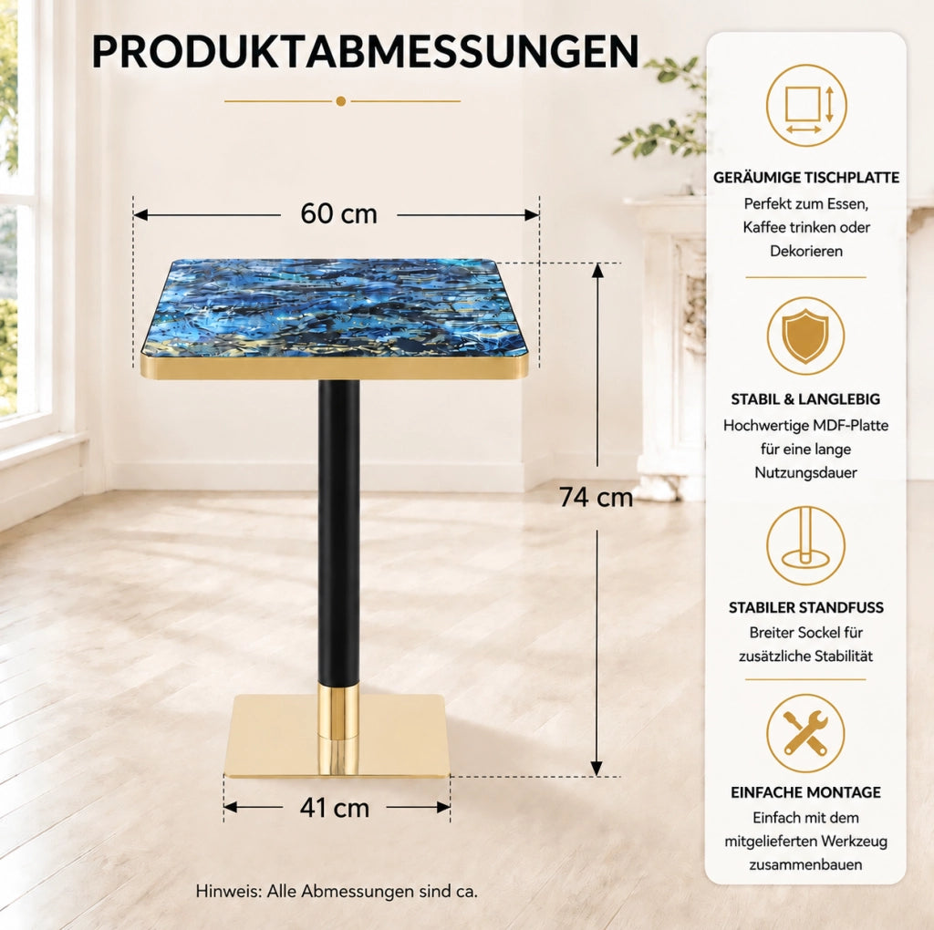 Tavolo quadrato 60×60 cm effetto marmo; struttura in metallo e MDF; blu