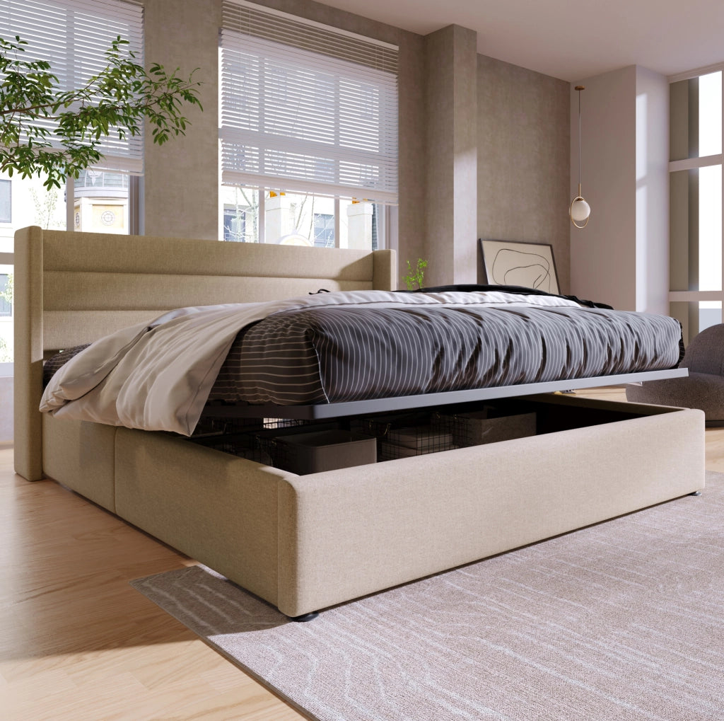 Letto matrimoniale contenitore 140x200 cm in lino beige con rete sollevabile e testiera imbottita