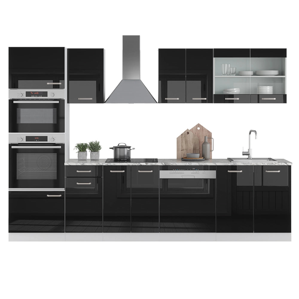 Vicco Cucina componibile Nero lucido 300 cm con armadio alto, PL Marmo