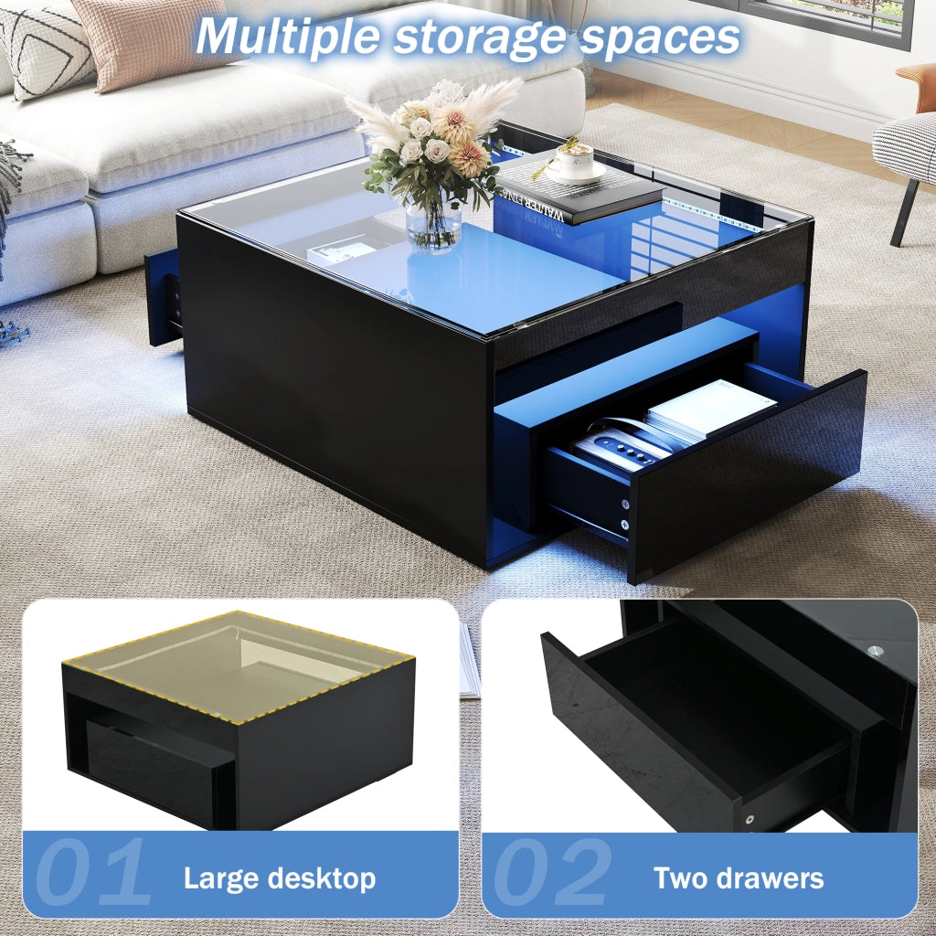 Tavolino da caffè con 2 cassetti e LED - in MDF e vetro - nero - 70 x 70 x 35 cm