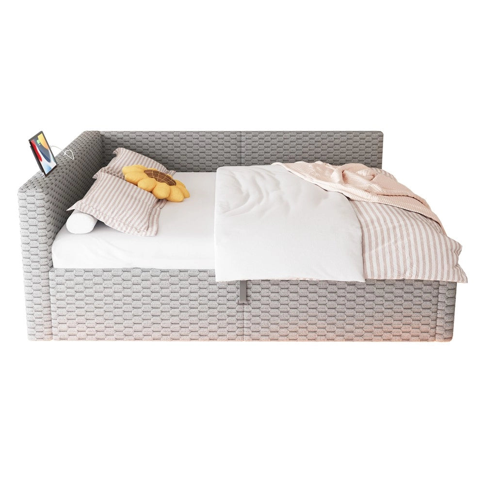 Letto Imbottito 140x200 con LED ¨C Xylo ¨C Velluto Grigio, Testiera a L, Idraulico