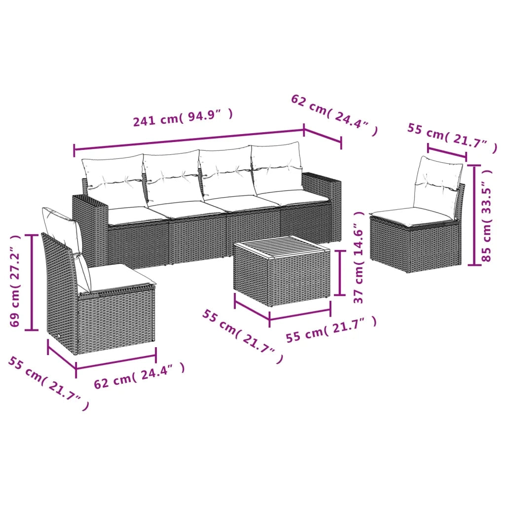 Set Divani da Giardino 7 pz con Cuscini Beige in Polyrattan