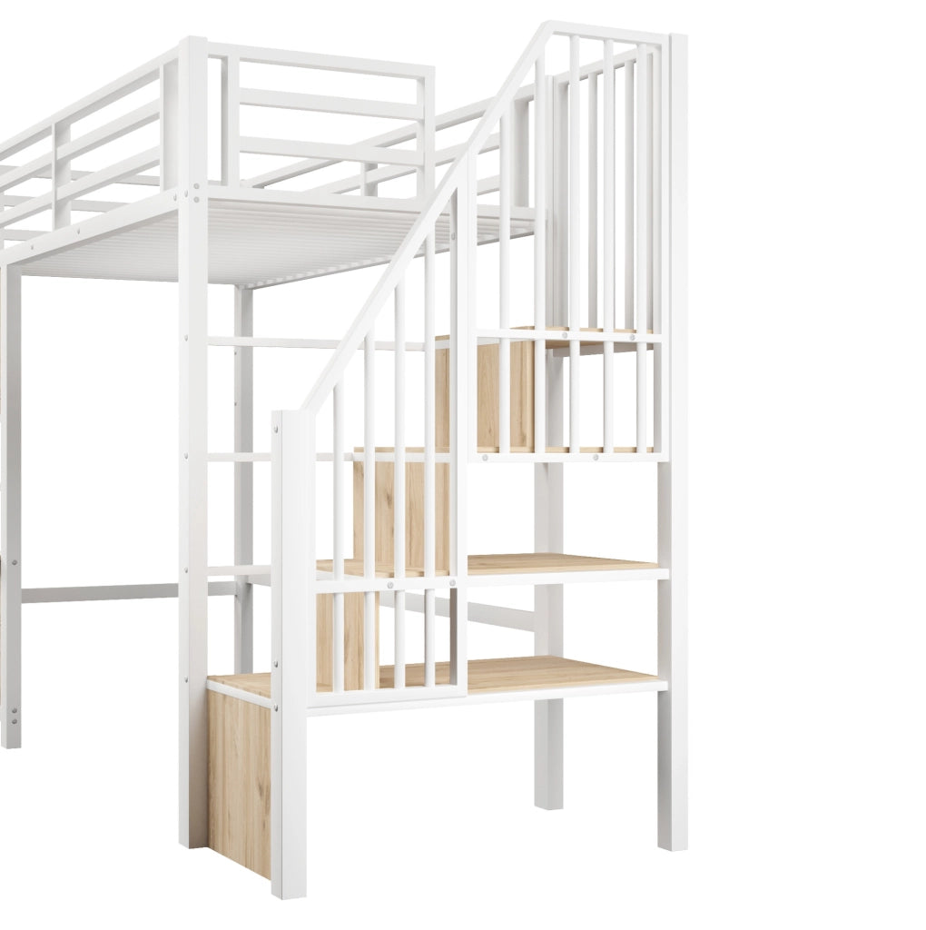 Letto a soppalco 90x200 cm in MDF e metallo; bianco; con scala contenitore e area gioco