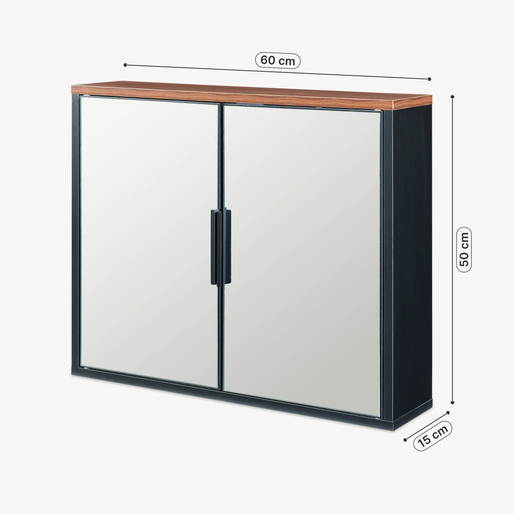 Mobiletto da Parete Trond con 2 Ante a Specchio Armadietto Pensile da Bagno 50 x 60 x 15 cm - Nero/Effetto Noce [en.casa]