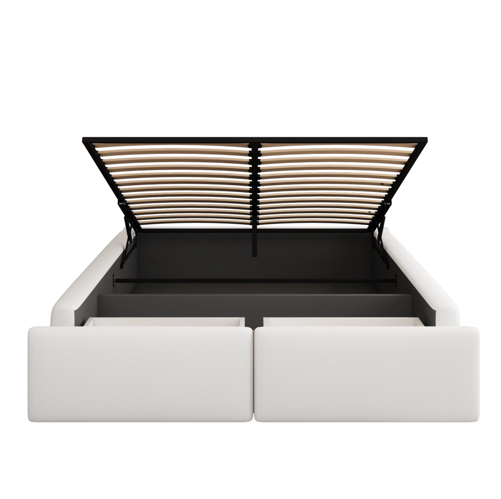 Letto imbottito 140x200 cm con contenitore idraulico e 2 cassetti; lino e MDF bianco