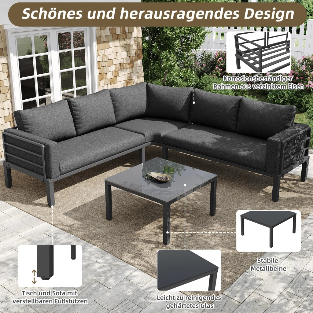 Set mobili giardino 4-5 persone: 1 tavolino vetro; ferro zincato; cuscini seduta; piedini regolabili