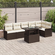 Set Divano da Giardino a 7 Pezzi con Cuscini Marrone Polyrattan