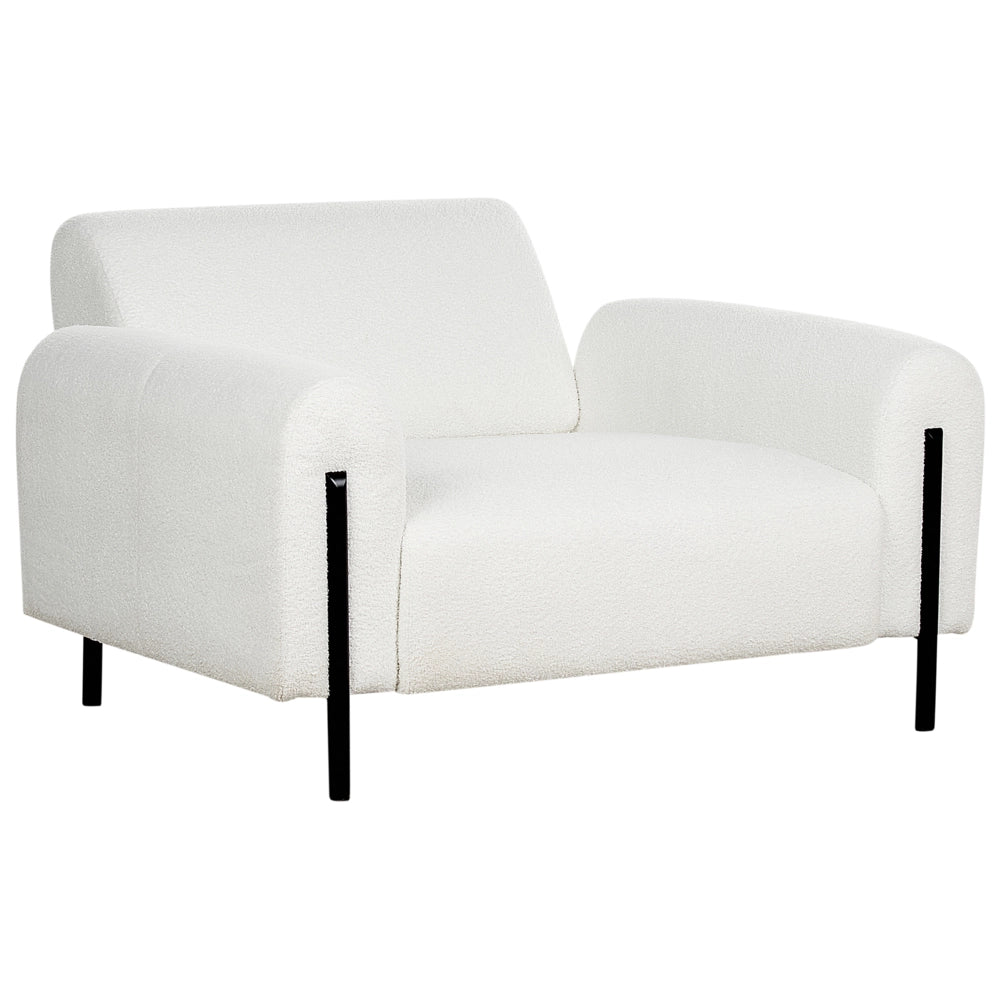 Poltrona in tessuto bouclè bianco schienale regolabile gambe in metallo stile moderno