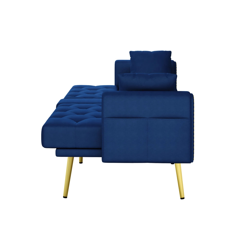 Divano letto convertibile con schienale regolabile, portabicchieri, tasca laterale e cuscini in velluto blu