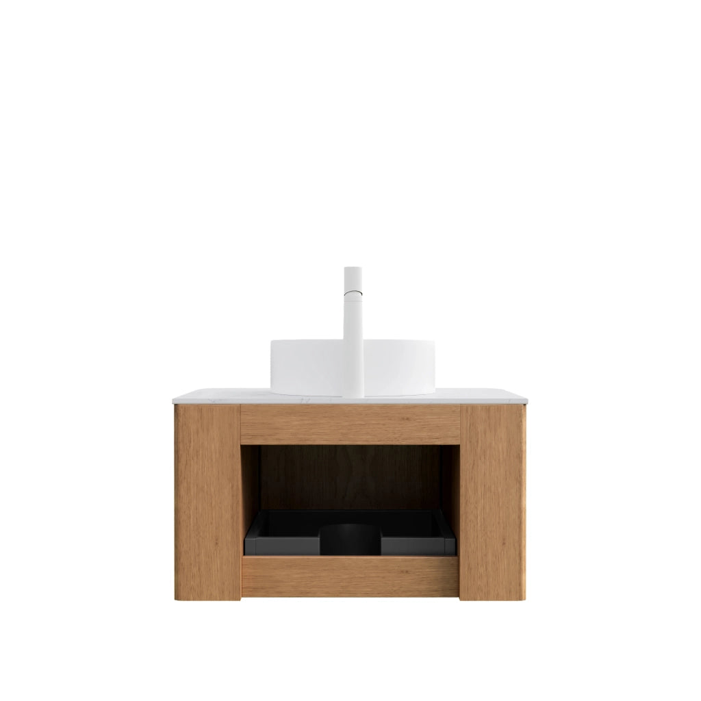 Mobile sottolavabo pensile con lavabo in ceramica e cassetto, per bagno, in legno naturale e bianco, 61 cm