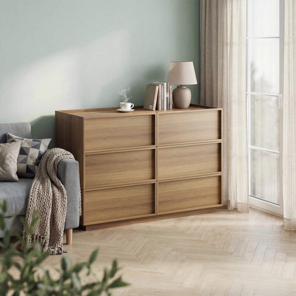 Comò con 6 cassetti e guide metalliche, per camera da letto e soggiorno, in MDF e truciolato, rovere, 115 × 48 × 78 cm