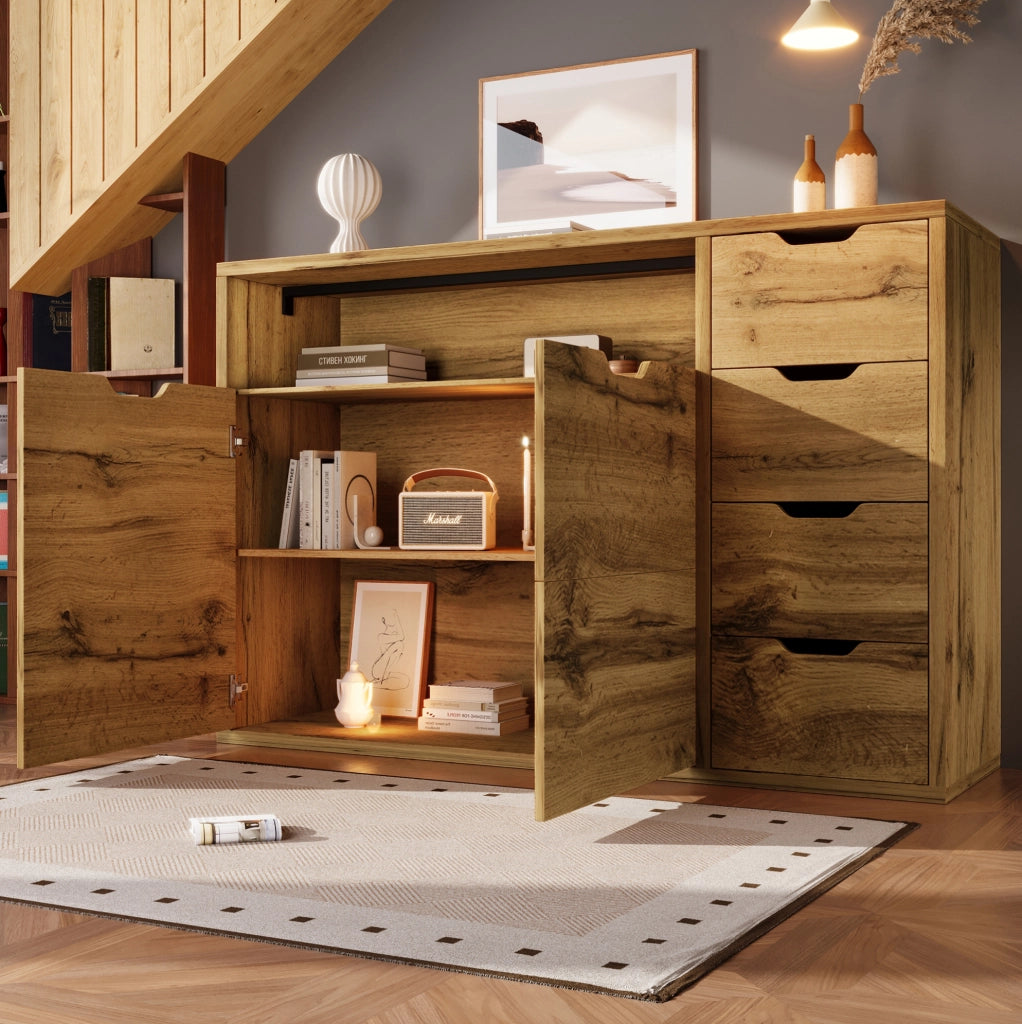 Credenza in MDF effetto rovere con 4 cassetti e 2 ante
