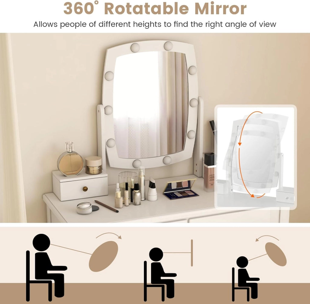 GIANTEX Set Toeletta Trucco con Specchio Illuminato, Tavolo da Trucco 2-in-1 con Luci LED a 3 Colori, 4 Cassetti, Specchio Rotante, Tavolo da Trucco con Sgabello Imbottito, Bianco