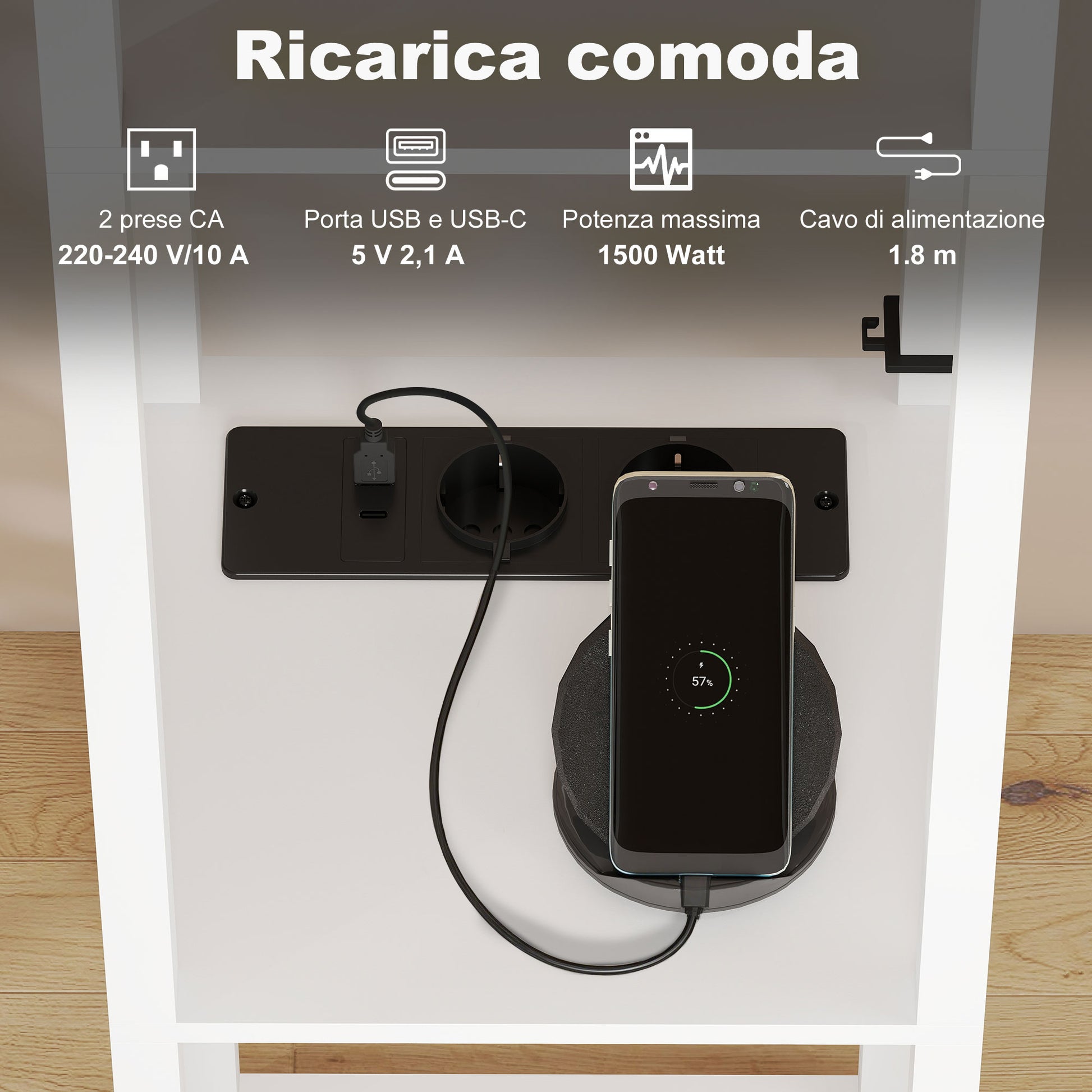 Lampada da Terra 26x26x160 cm Struttura con Ripiani Luce Regolabile Interruttore a Pedale e Porte USB in MDF Bianco